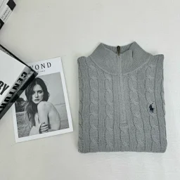 thumbnail for RL pony logo embroidered cable-knit wool knit half-zip long-sleeved sweat wool half-zip sweater CPBJ