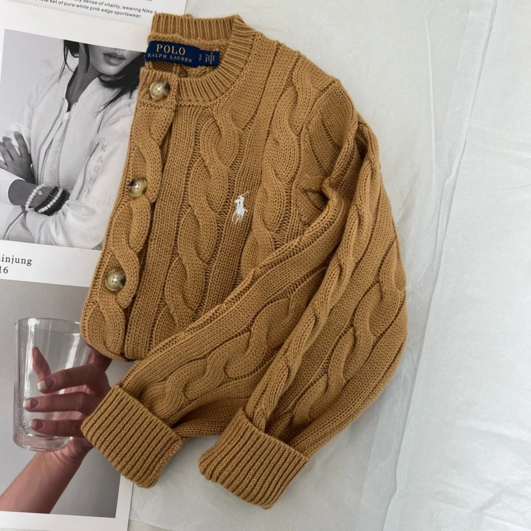 Ralph Lauren Knitwear Cable-knit button-front cardigan — Camel color
