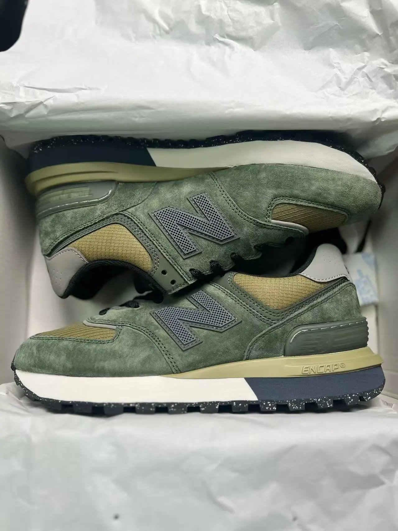 New Balance 574 EnCap Olive Green Suede Sneakers