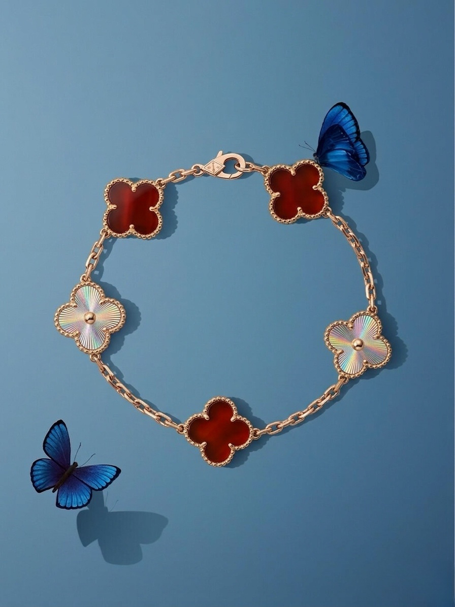 Fan Jia VCA Four-Leaf Clover Bracelet, Five-Flower V Gold-Plated 18K Gold, Full Diamond, Hand-Crafted Micro-Setting Bangle, Couple Gift for Women