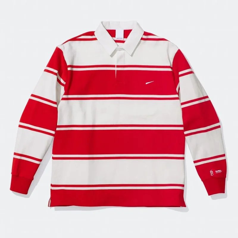 Nike Red and White Striped Long Sleeve Polo