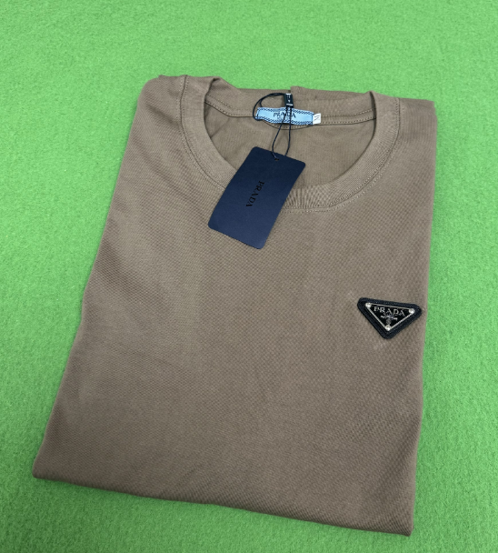 Prada T-Shirts Crew-Neck Triangle Logo T-Shirt — Style 1 Brown