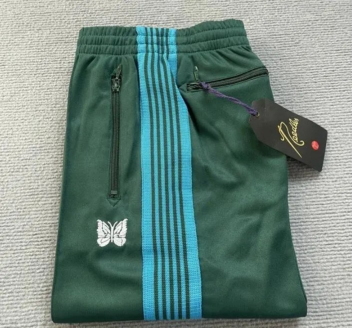 Needles-Inspired Black Track Pants with Butterfly Logo and Side Stripes
