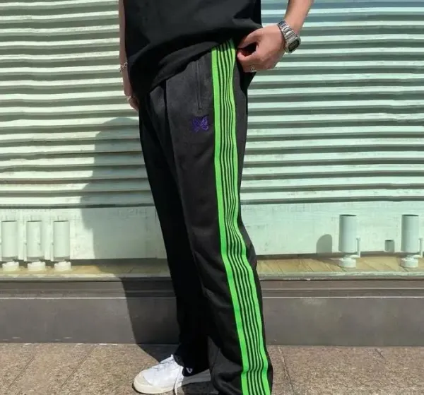 Design Track Pants with Neon Green Stripes and Purple Butterfly Embroidery Sweatpants - 1