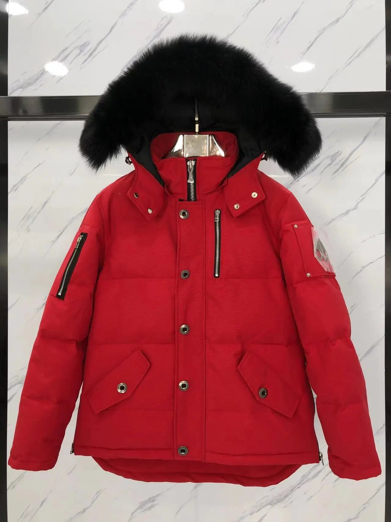 Black Short Puffer Jacket with White Fur Hood