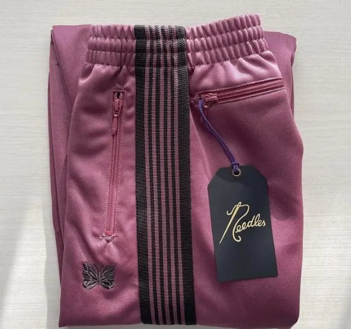 Needles-Inspired Black Track Pants with Butterfly Logo and Side Stripes