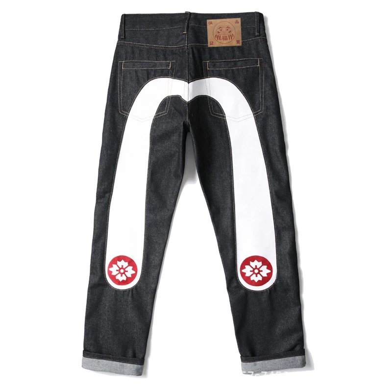 EVISU — Raw Selvedge Straight-Fit Jeans with Red & White Cherry Blossom "Big M" Print and Cuffed Hem - rep spodnie