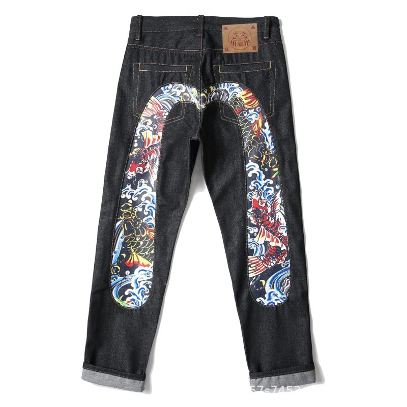 EVISU — Raw Selvedge Straight-Leg Jeans with Large "M" Print and Cuffed Hem - rep spodnie