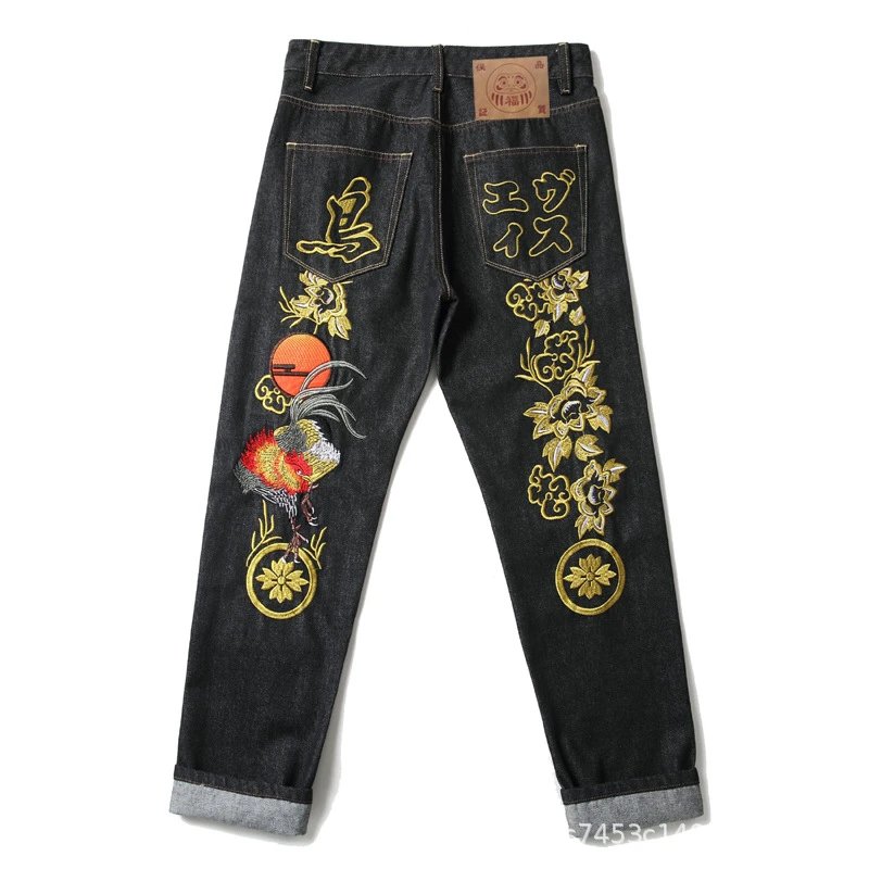 EVISU — Raw Selvedge Straight-Leg Jeans with Large "M" Print and Cuffed Hem - rep spodnie