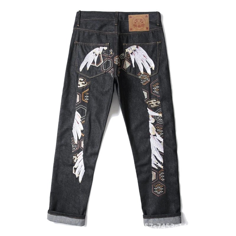 EVISU — Raw Selvedge Straight-Leg Jeans with Large "M" Print and Cuffed Hem - rep spodnie