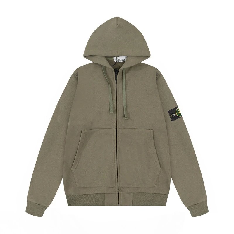 Stone Island Hooded Zip-Up Jacket Cotton Fleece Olive Green