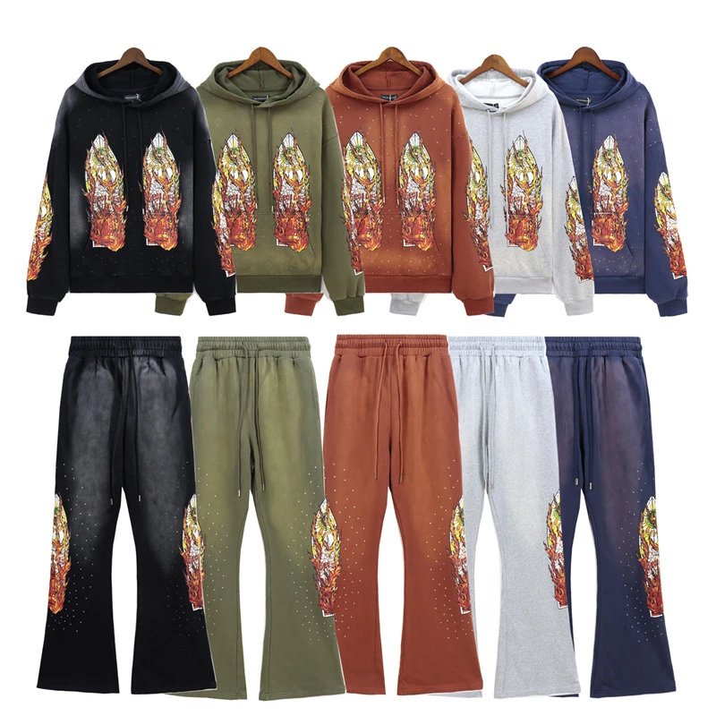 Men's Hooded Sweatshirt and Flare Pants Set with Graphic Print in Multiple Colors