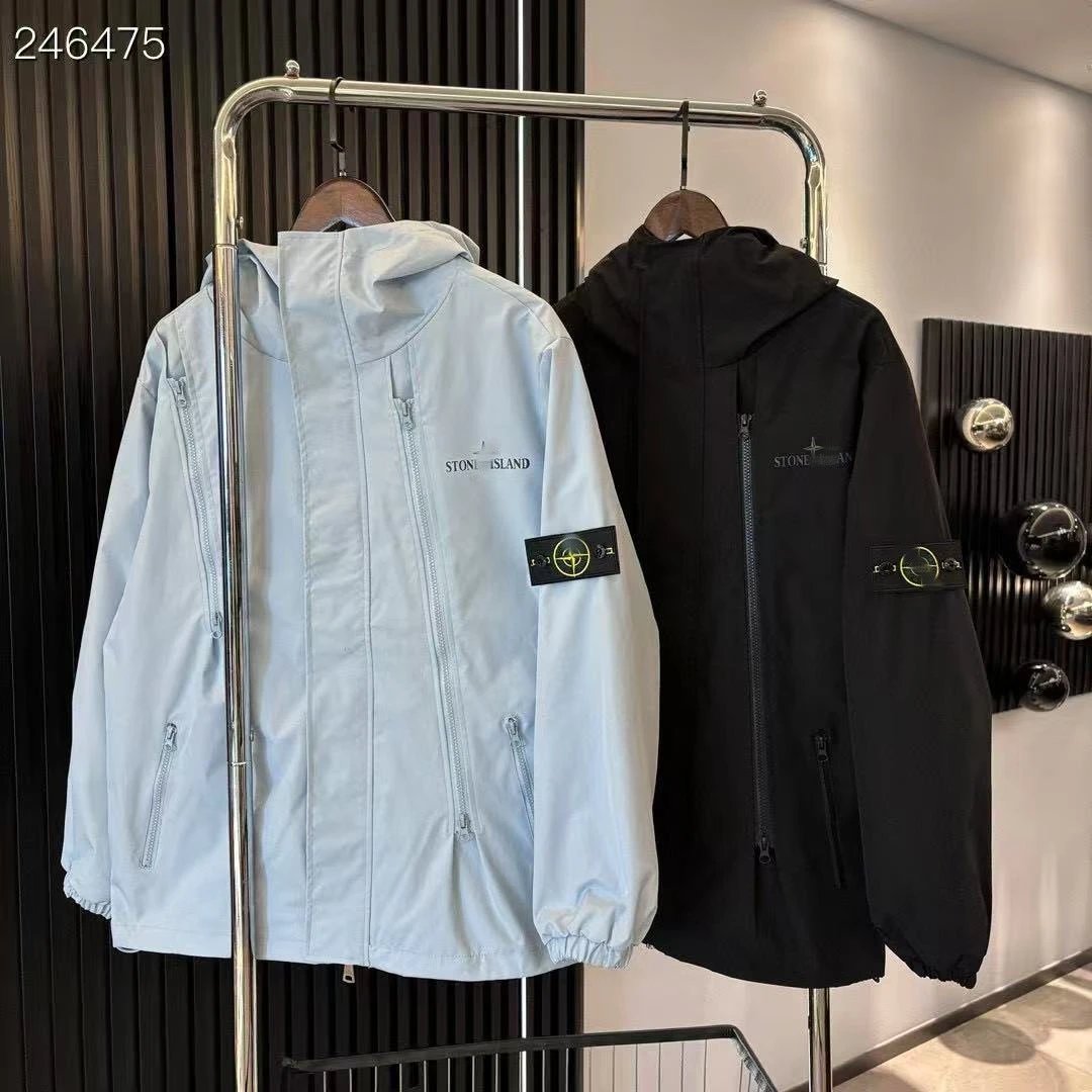 Stone Island Blue Black Hooded Windbreaker Jackets