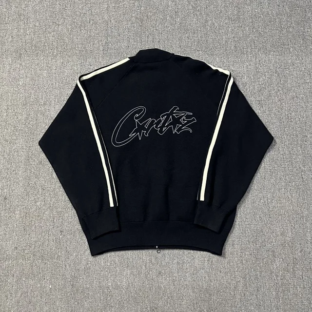 Corteiz Knitwear Zip-Up Funnel-Neck Knit Track Jacket with Contrast Sleeve Stripes product detail image 5