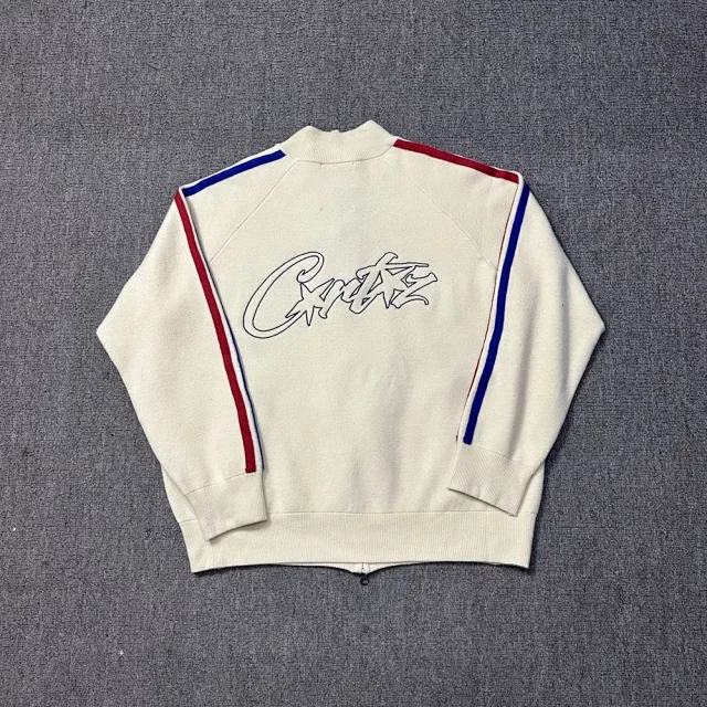 Corteiz Knitwear Zip-Up Funnel-Neck Knit Track Jacket with Contrast Sleeve Stripes product detail image 3