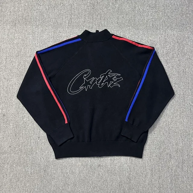 Corteiz Knitwear Zip-Up Funnel-Neck Knit Track Jacket with Contrast Sleeve Stripes product detail image 9
