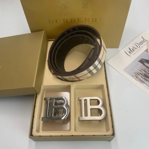 Burberry Classic Check Reversible Belt with Interchangeable B Buckles Beige/Brown Leather Belt - 1