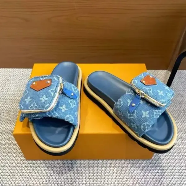 Louis Vuitton Denim Monogram Pouch Slide Sandals Blue - 1
