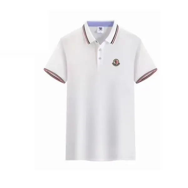 Moncler Logo Embroidered White Polo with Striped Trim - 1