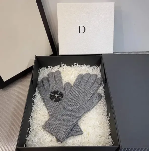 Dior Gray Knit Gloves with Floral Embellishment - 1