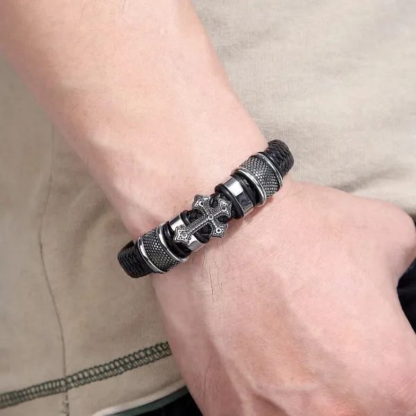 Design Cross Pendant Braided Leather Bracelet Black Silver Jewelry - 2