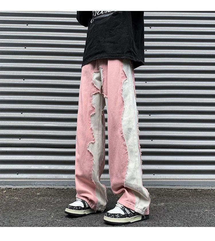 粉色牛仔裤美式高街男欧美hiphop裤子设计感高级拼接宽松阔腿裤