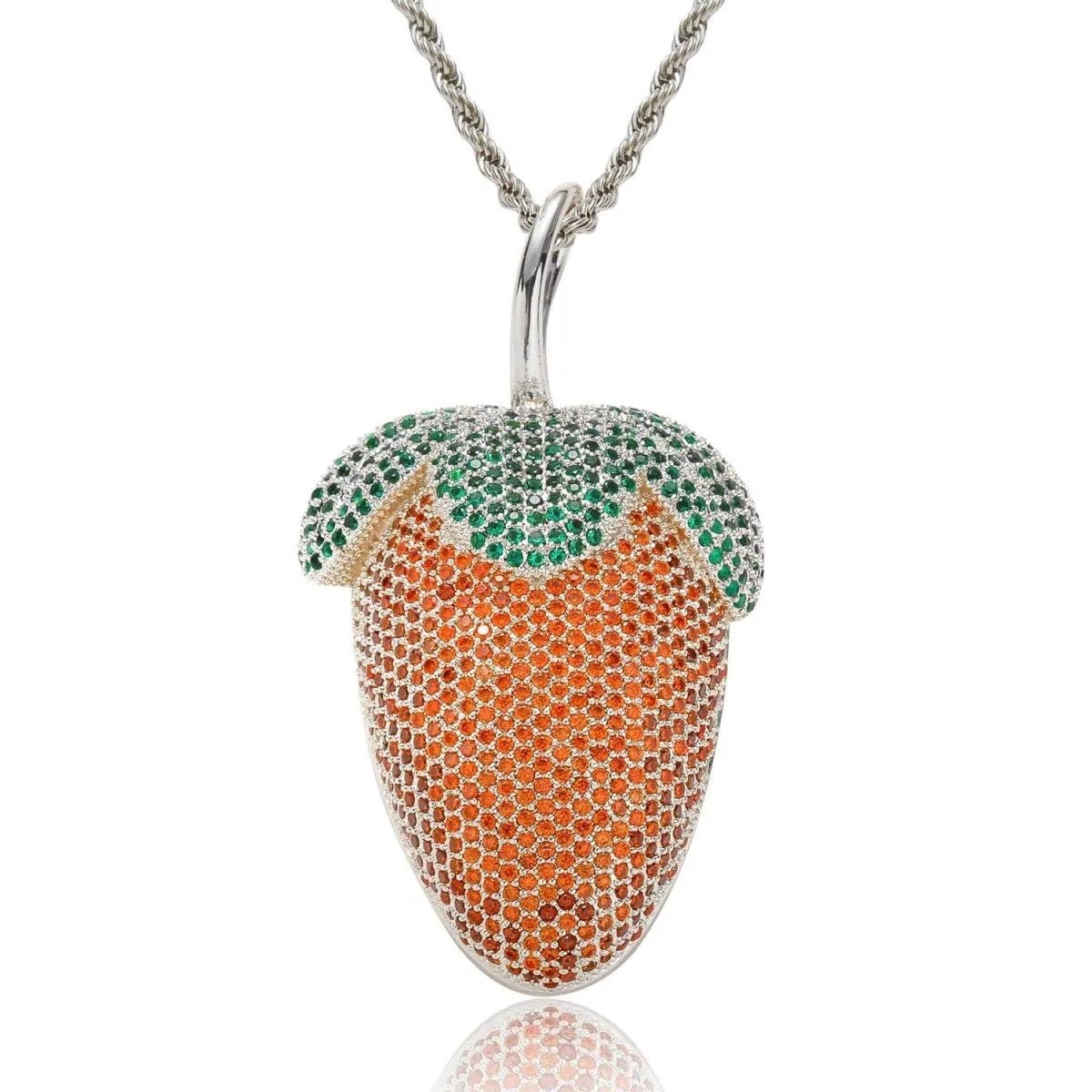 Trendy Hip Hop Strawberry Pendant Necklace | Minimalist Colorful Zircon Pendant | Versatile Light Luxury Full Diamond Rap Necklace