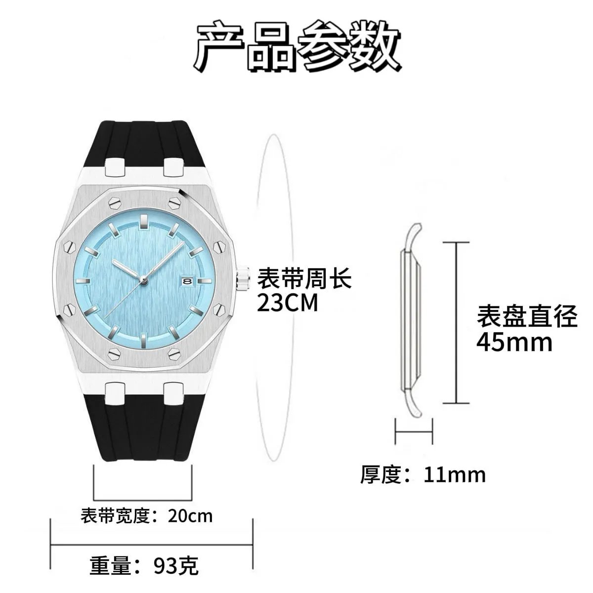 Design Octagonal Watch Lime Green Dial Black Rubber Strap Watch Watches - 3