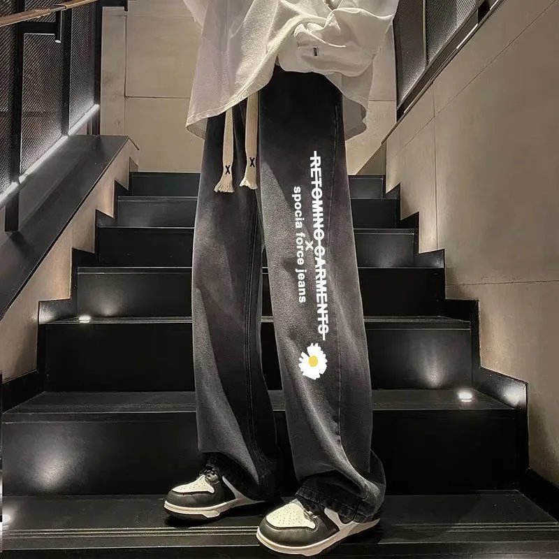新款美式高街渐变夏季牛仔裤宽松百搭复古直筒十字架暗黑系潮裤子