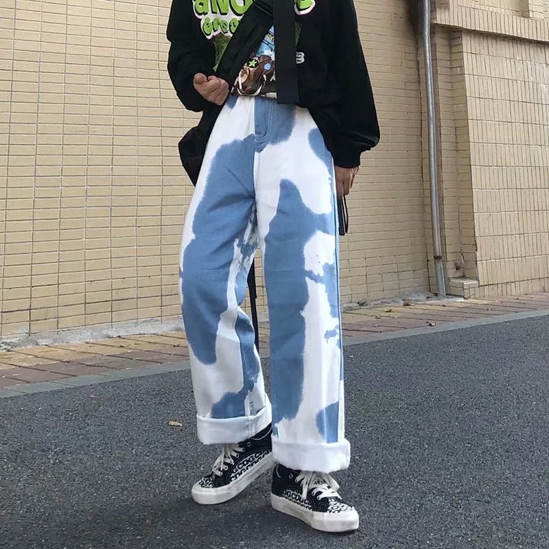vibe风潮牌渐变扎染牛仔裤男宽松大码高街情侣阔腿直筒迷彩老爹裤