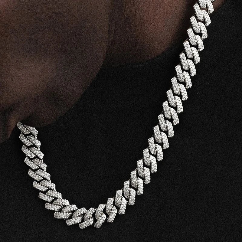 Hip Hop Diamond Cuban Chain Necklace for Men 14mm Iced Cuban Link Chains in Silver
