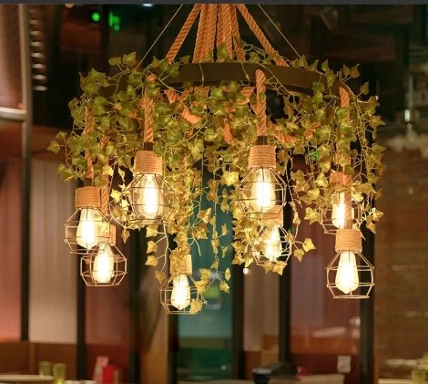 工业风复古创意音乐餐厅吊灯烧烤店餐饮咖啡厅装饰绿植物麻绳吊灯