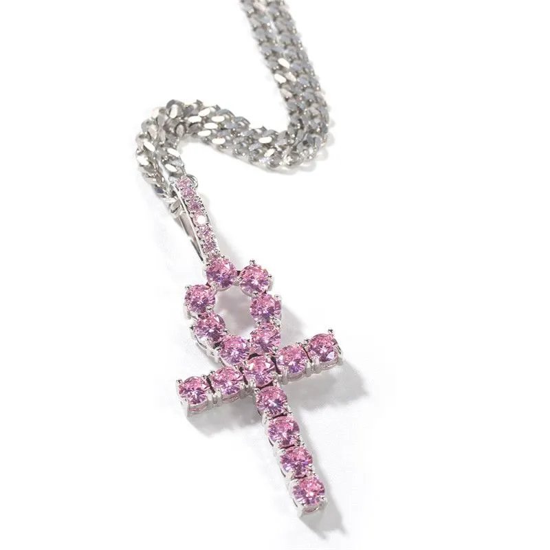 European and American Hip Hop Necklace Pink Zircon Egyptian Ankh Key Cross Pendant Couple Accessories