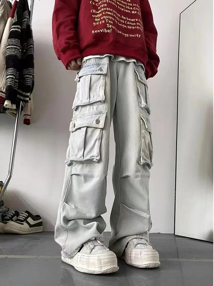 美式复古港风时尚宽松口袋直筒宽松男女工装牛仔裤休闲潮流通勤