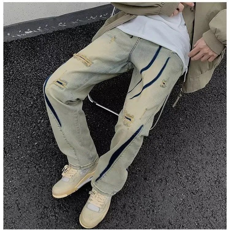 vibe设计牛仔裤美式高街破洞复古男潮牌裤子夏季潮牌宽松直筒