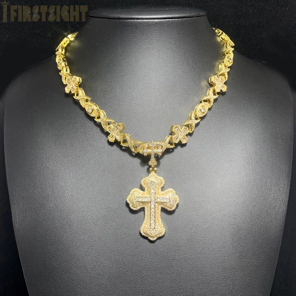 European and American new hip-hop men's cross pendant necklace set with diamond studded cross zirconia tennis chain trend in stock