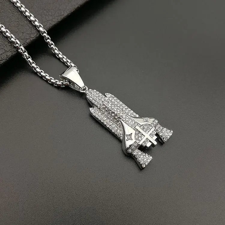 欧美潮牌个性百搭嘻哈HIPHOP饰品钛钢镀金镶钻太空穿梭机吊坠项链