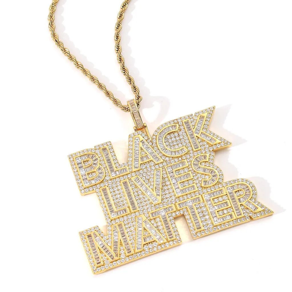 美式嘻哈BLACK LIVES MATTER字母吊坠个性梯方锆石潮流满钻项链