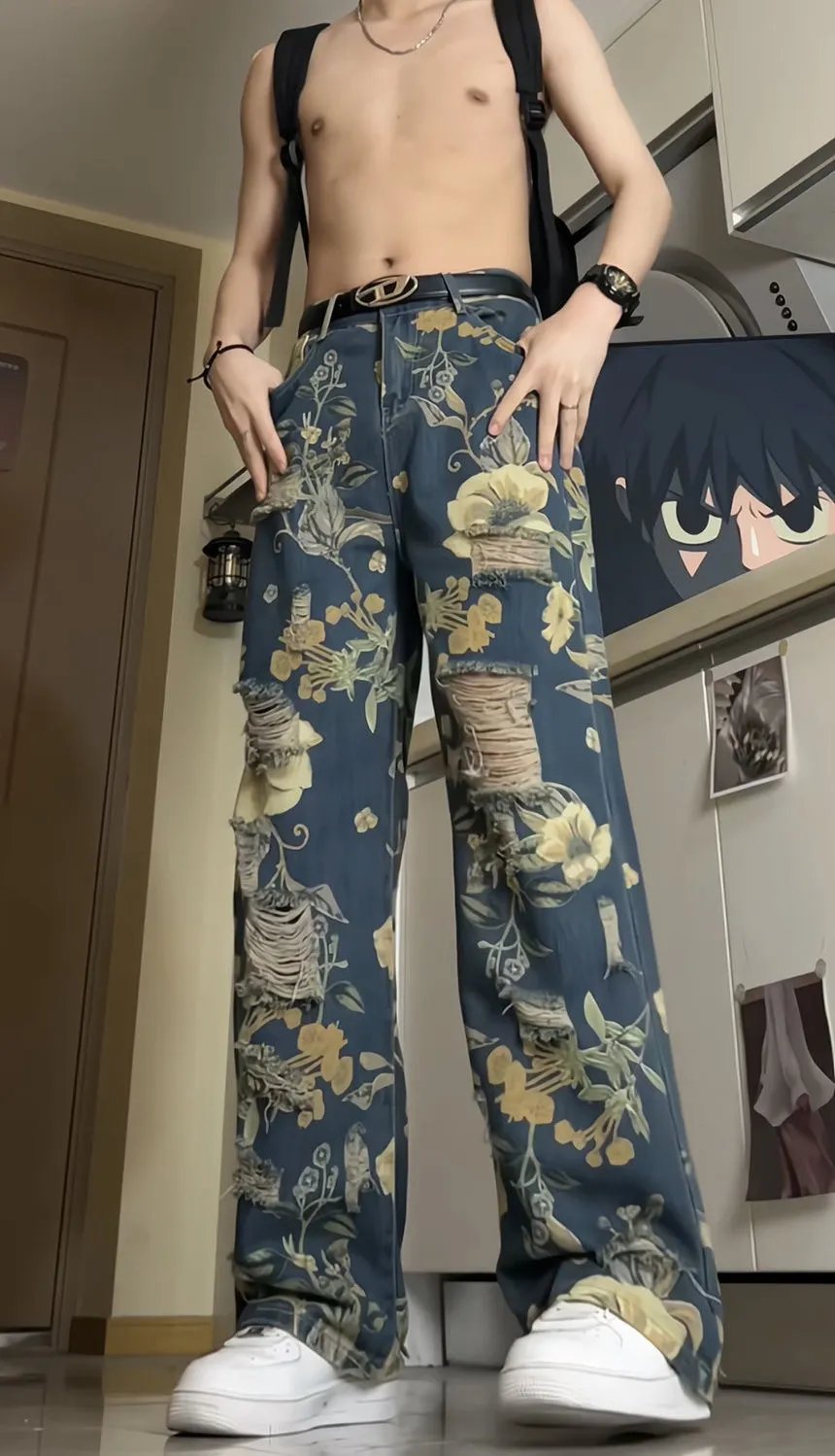 花卉破洞牛仔裤男夏季薄款美式hiphop阔腿裤美式高街宽松直筒裤子