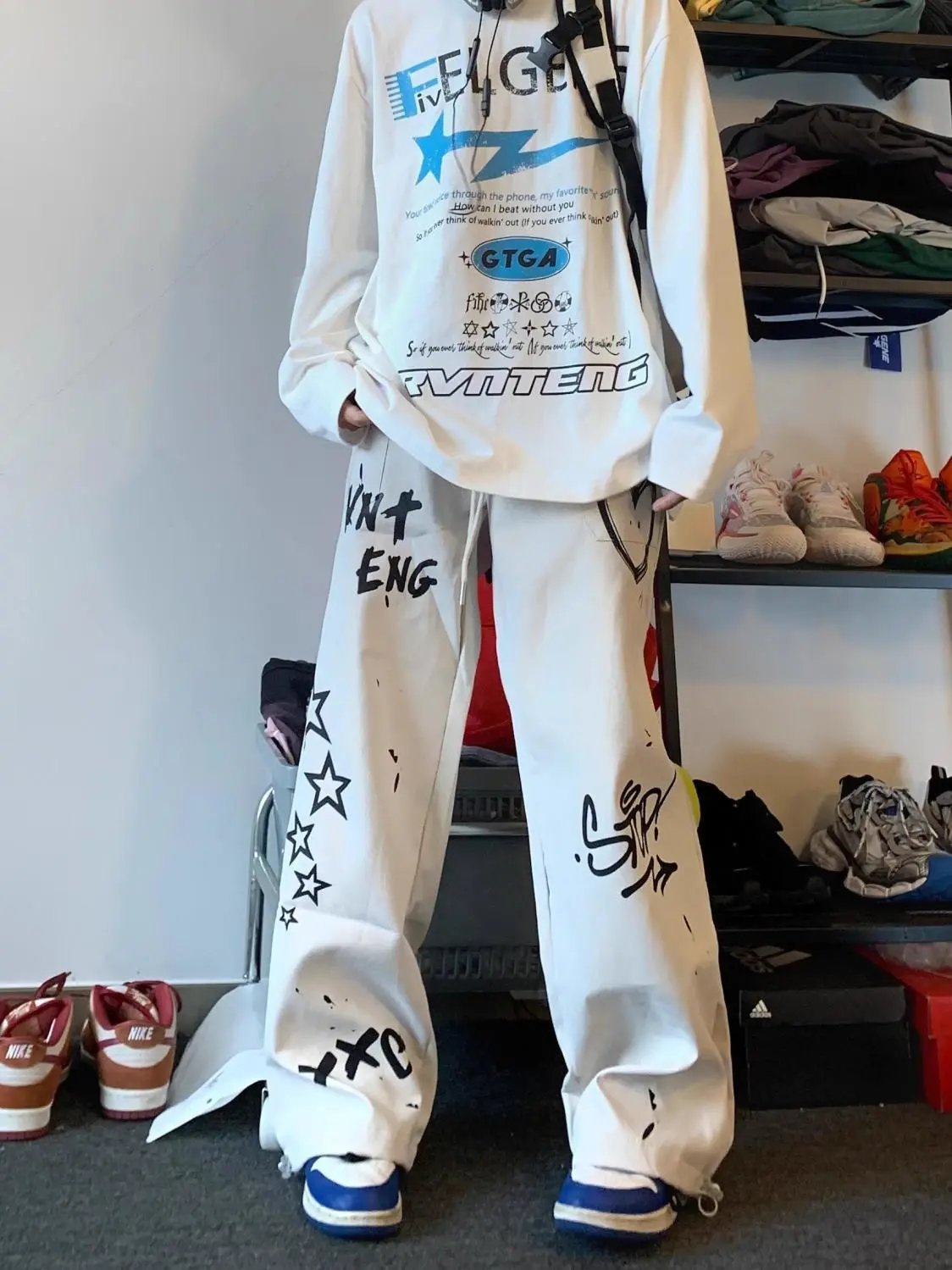 美式复古涂鸦休闲裤潮牌高街男女春秋季宽松直筒松紧腰束脚长裤子