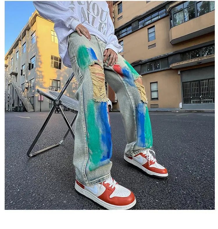 hiphop街舞牛仔裤男款欧美高街vibe裤子设计感小众美式重工破洞裤