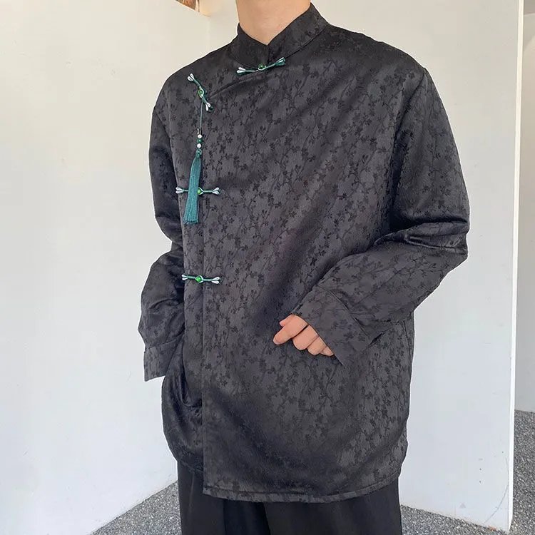 秋季新款中式缎面提花盘扣设计感立领长袖衬衣男国风流苏宽松衬衫