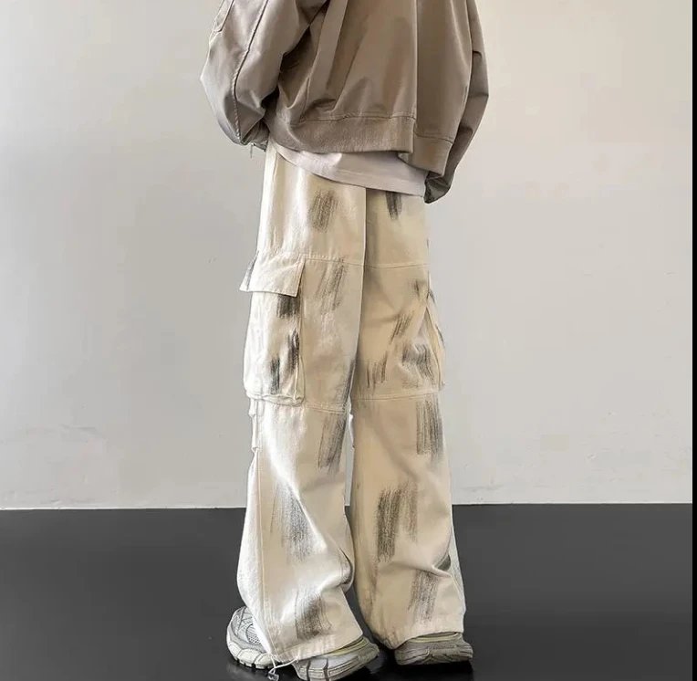 泼墨扎染垂感工装牛仔裤男款潮牌美式hiphop春秋宽松直筒裤子阔腿