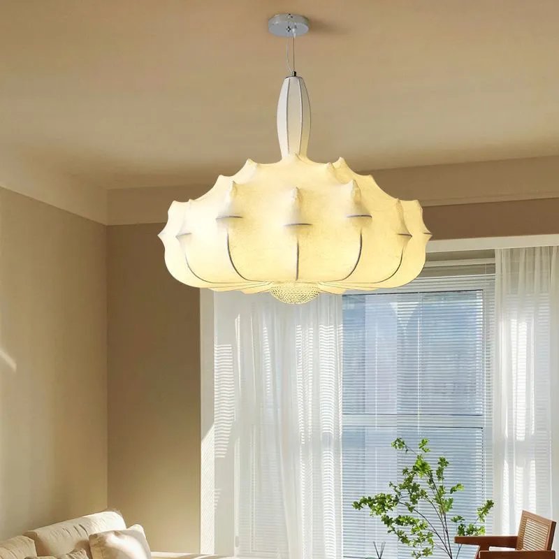 Wabi-Sabi Vintage Living Room Pendant Light Imitation Silk Fabric Airship Italian Ceiling Lamp for Living Room Bedroom Dining Room Table