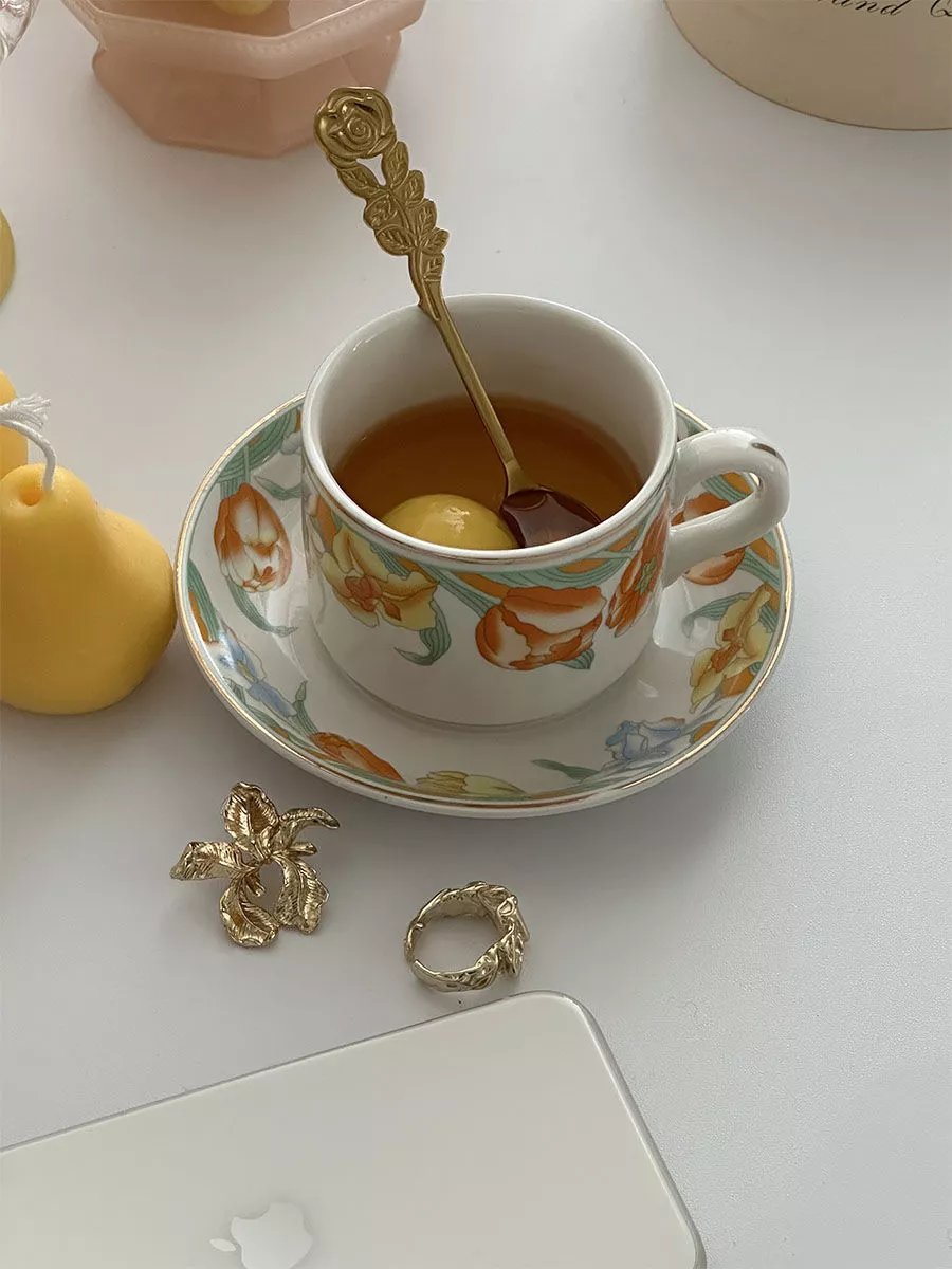 郁金香花纹咖啡杯碟卡通耐高温爆款带把杯碟茶杯套装早餐杯碟