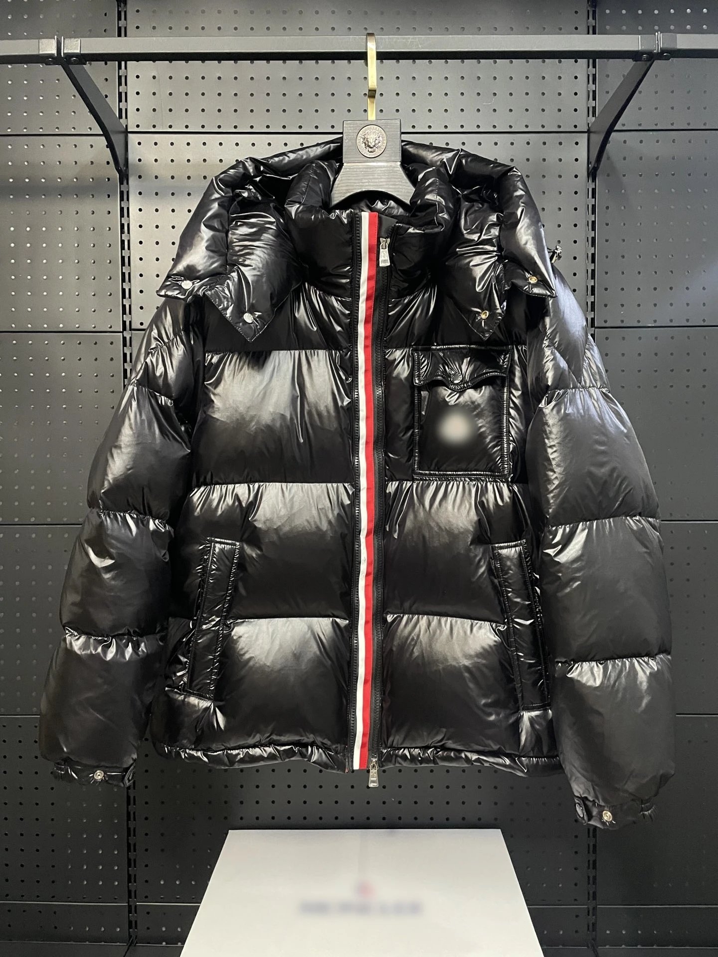 Moncler Black Puffer Jacket with Red and White Striped Zipper
