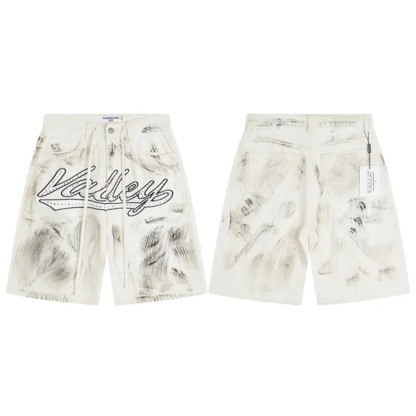 Design Valley Sports Division Distressed Script Shorts Beige Denim Shorts - 1
