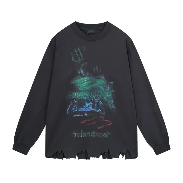 Balenciaga Distressed Graphic Long-Sleeve T-Shirt Black - 1