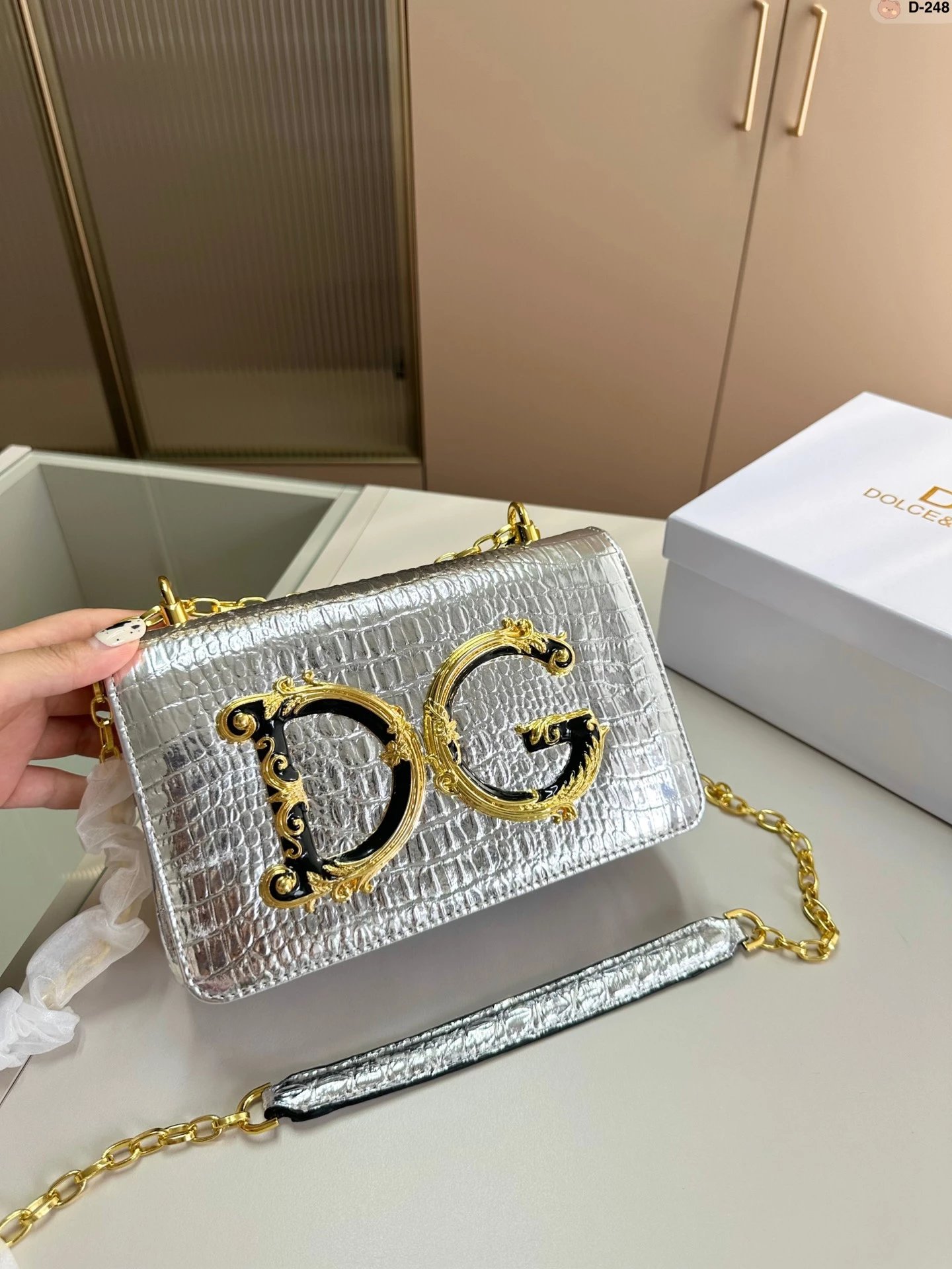 Dolce & Gabbana DG Logo Croc-Embossed Gold Chain Bag - 4