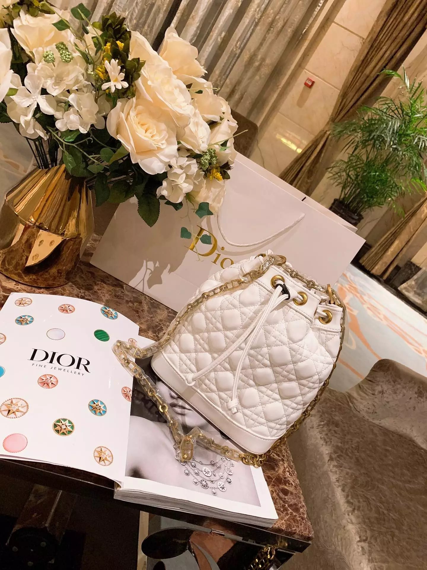 Dior Lady D-Lite Bucket Bag White Quilted Leather with Clear Chain Strap Handbags